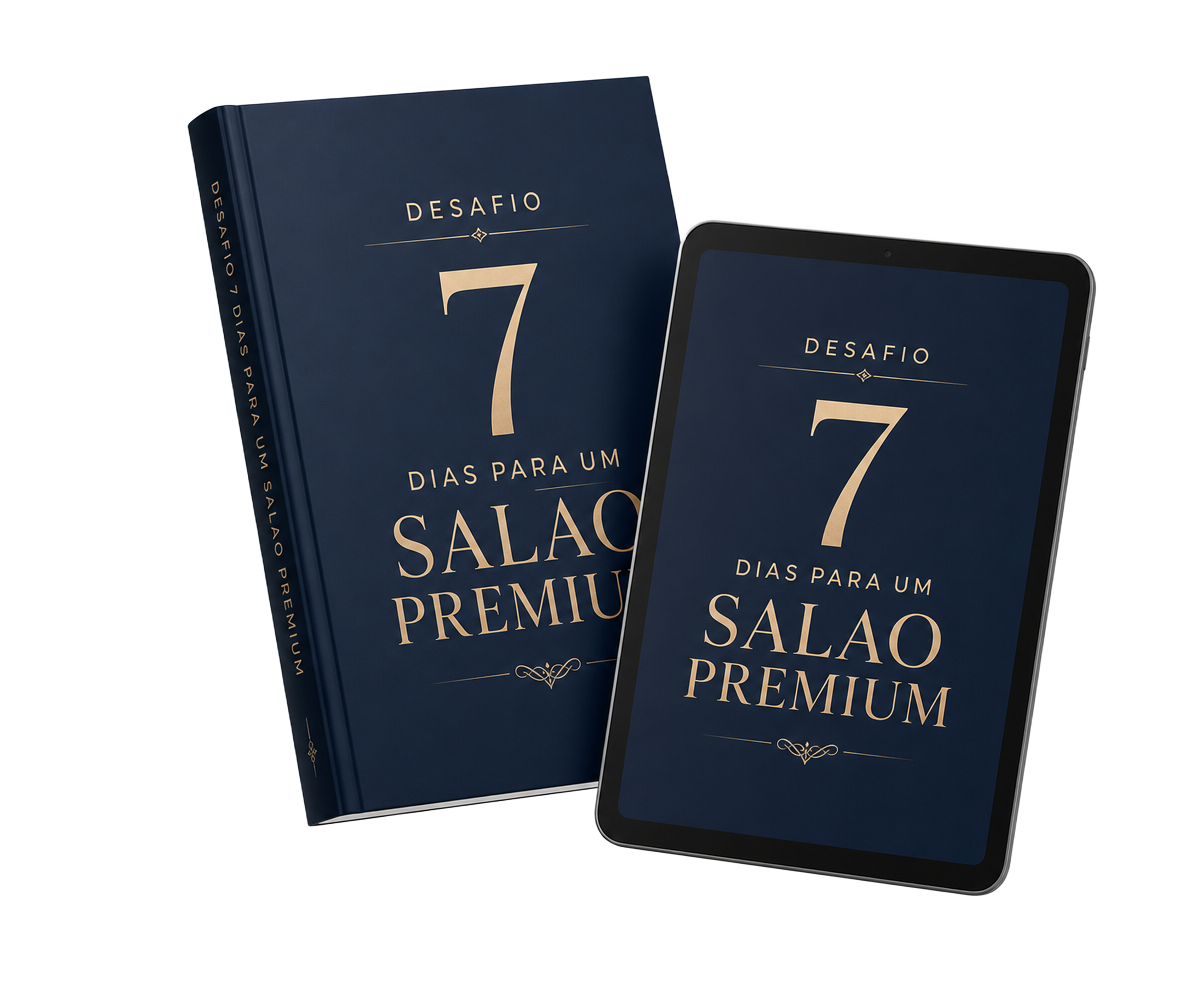 Mockup do ebook Desafio 7 Dias para um Salão Premium em livro e tablet