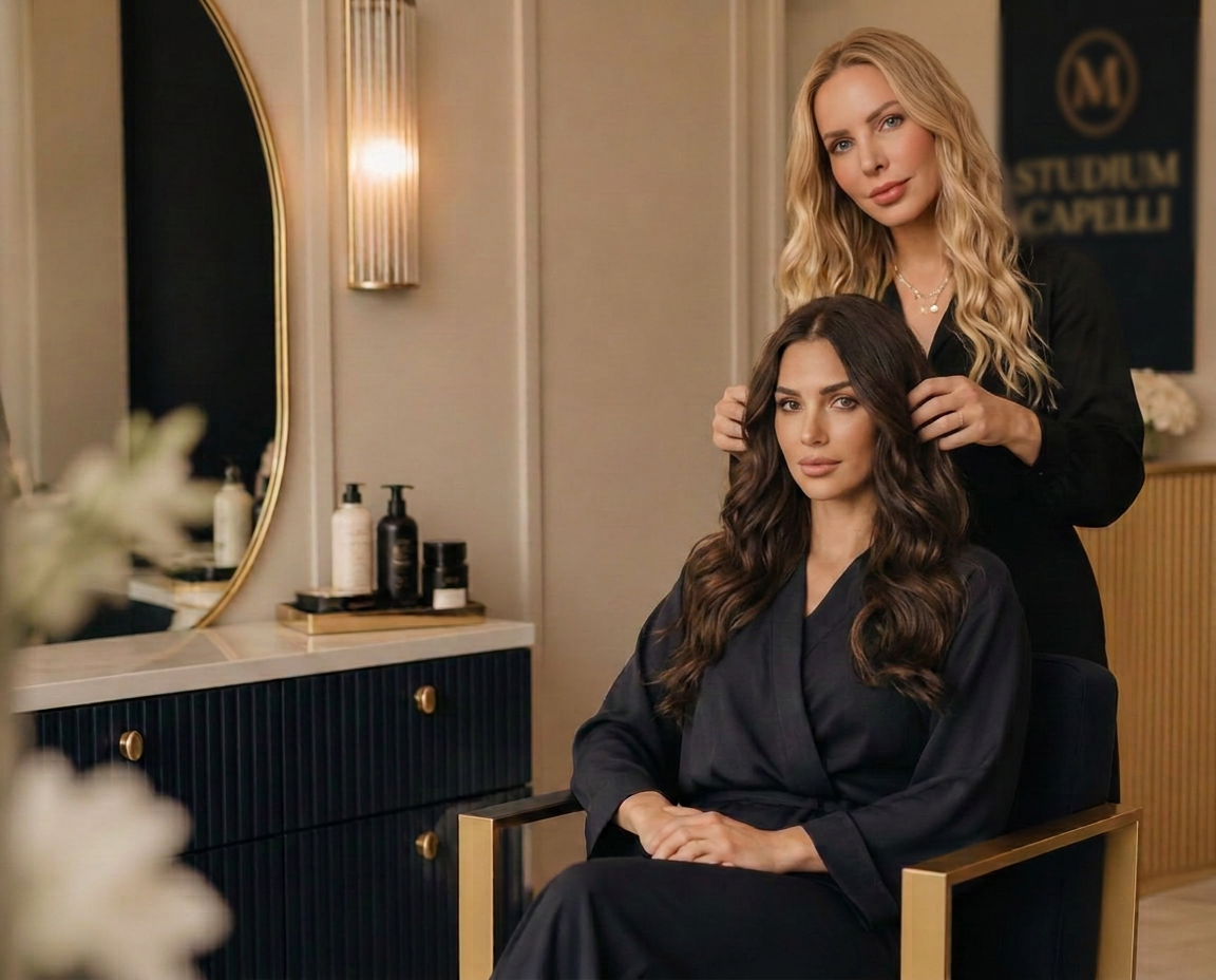 Profissional de beleza atendendo uma cliente satisfeita em um salão elegante