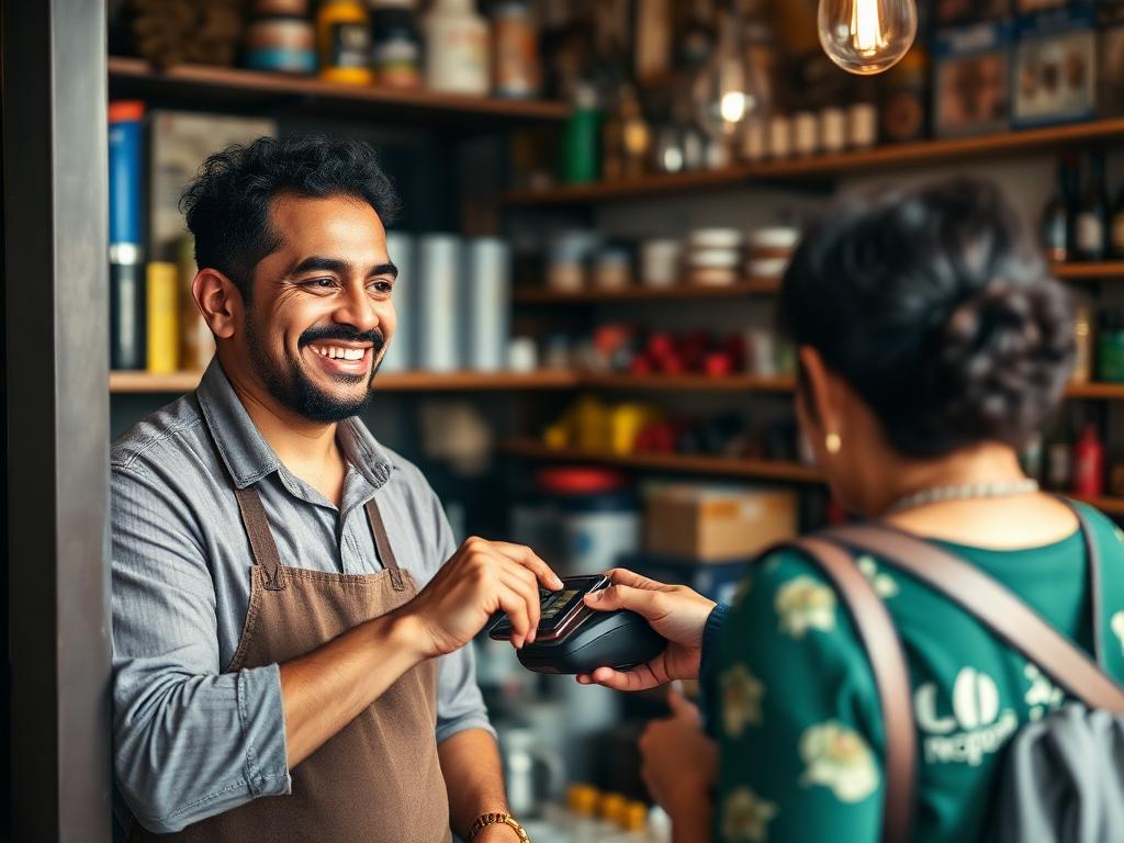 Comerciante recebendo pagamento por cartão de uma cliente